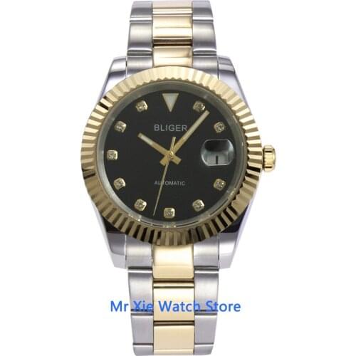 Bliger 40mm Miyota Automatic Mens MechanicalWatch Gold Plated Luxury Sapphire Glass Luminous Waterproof Calendar Wristwatch Men