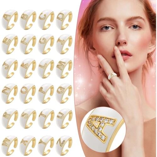 New Fashion Adjustable Crystal Gold A-Z Letter Open Ring Women 26 Letters Rings Womens Signet Initials Alphabet Rings White