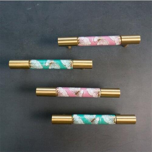 New Light Luxury Brass Ceramic Painted Handle Butterfly Pattern T-Bar Classic Cabinet Wardrobe Pulls Round Drawer Knob Handles