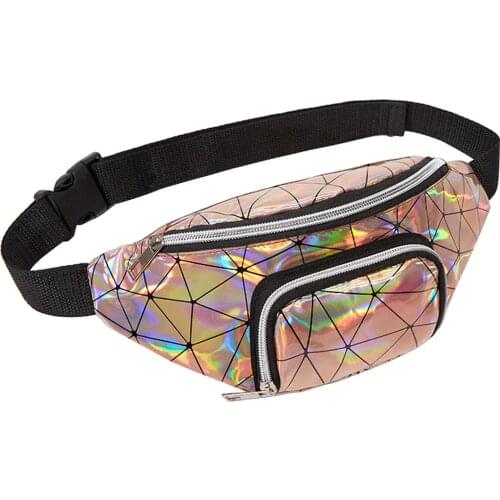 Unisex Geometric Diamond Plaid Waist Bag Double Pocket Large Capacity Laser Sports Outdoor Chest Pack Zipper Messenger Bag