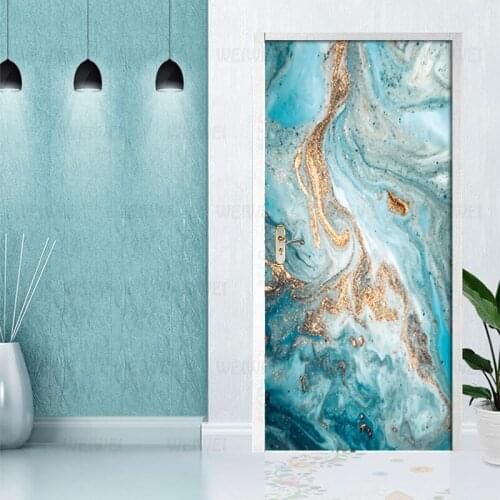3D DIY Self-adhesive Door Stickers Waterproof Blue Quicksand Dorm Room PVC Poster Door Mural Removable Art Vinyl Wallpaper Roll