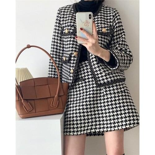 Wenfly Female Pearl Single-breasted O-Neck Jacket Outerwear High Waist Mini Skirt Plaid Two-piece Sets Harajuku Streetwear