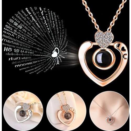 I Love You Projection Necklace 100 Languages Light Heart Shape Women Pendant Necklaces Jewelry