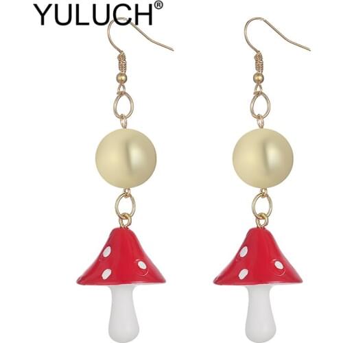 YULUCH 2019 Trendy Women Purple Red Acrylic Mushroom Golden Bead Pompom Pom Long Dangle Earrings Fashion Jewelry For Women Party