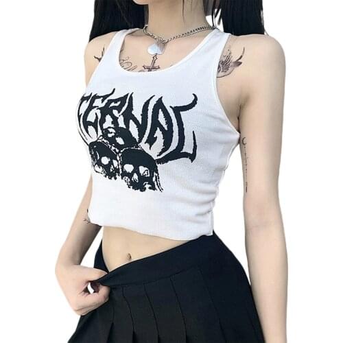 Women’s Gothic Style Skull Print Vest Top Round Neck Exposed Navel Sleeveless Bottoming Tank Top 2021 Cool Girls Fashion Wear /F