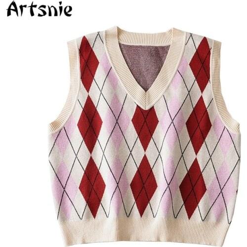 Artsnie Vintage Argyle Sweater Vest Women Autumn 2021 V Neck Sleeveless Pull Femme Streetwear Casual Knitted Ladies Sweater Vest