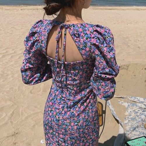 Vintage Floral Print Summer Dress Women Autumn Sexy Backless Bandage Beach Chiffon Holiday Long Dress Robe Ete Femme 2020 New