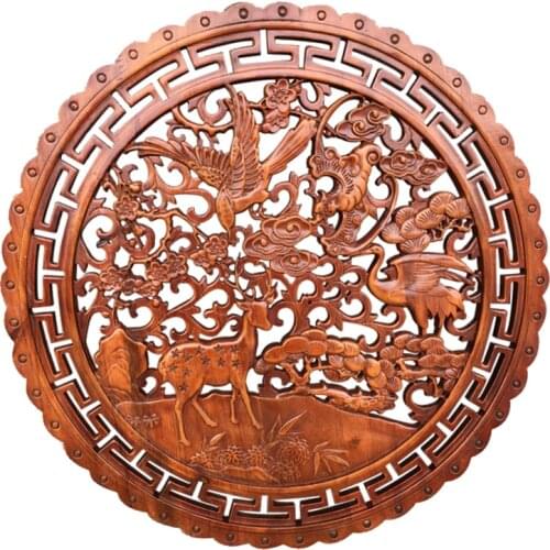 Antique blessing wood carving wall hanging background wall living room round decorative mahogany hanging painting diameter 58CM