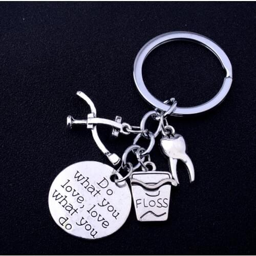 Dentist Keychains Tooth Floss Charms Engraved Do What You Love Love What You Do Words Round Pendant Keyrings Jewelry Key Rings