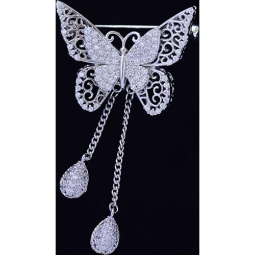 Zlxgirl New Cubic Zircon Butterfly Brooch For Women Gold Color What Drop Tassel Classic Wedding Decoration Animal Corsage Pins