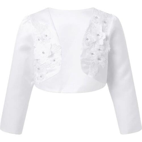 Kids Girls Cardigan Long Sleeves Satin Jacket Wedding Formal Party White Bolero Flowers Diamond Coat Shrug Wrap Girl Dress Capes