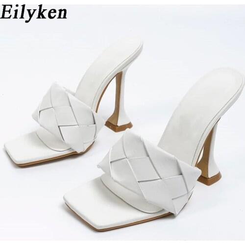 Eilyken 2021 Summer New Design Weave Square Toe Heels High Quality Strange Style Slippers Gladiator Womens Sandal Slides Shoes