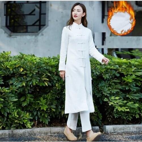 New cotton and hemp linen medium length robe original RETRO art plate buckle thickened coat robe tang suit ardigan windbreaker