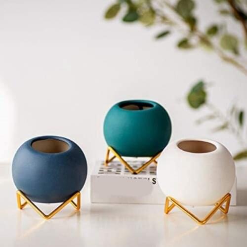 Ceramic Flower Pots and Planters with Gold Metal Stand 4 Inch Coloful Cactus Succulents Potted Indoor Planter Pot Gift