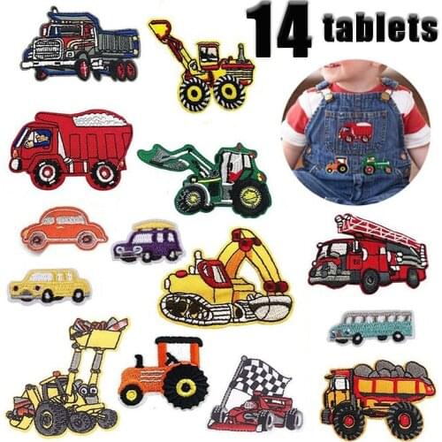 Cartoon Excavator Embroidery Cloth Stickers Large Vehicles F1 Racing Car Iron on Patch Thermo Adhesive Babies Clothes Appliques