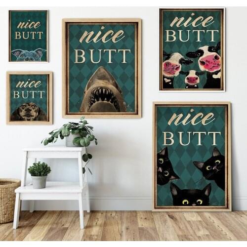 Wall Pictures For Home Design Funny Bathroom Metal Black Cat Shark Cows Dog Decore Vintage Canvas Poster Unframed