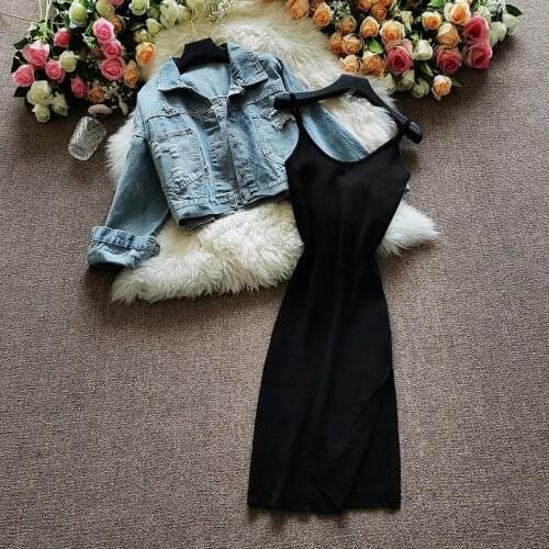 2020 autumn new style Hong Kong temperament stand-up collar short denim jacket mid-length knitted skirt suit women