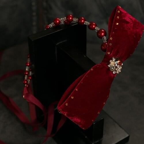 Chinese Red Velvet Beads Bridal Headband Vintage Bowknot Pearl Hairband Wedding Hair Jewelry Accessory