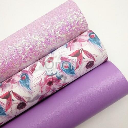 Onefly PINK Glitter Leather, Feather Printed Faux Leather Plain Faux Fabric Sheets For Bow DIY handbags shoes DQ008