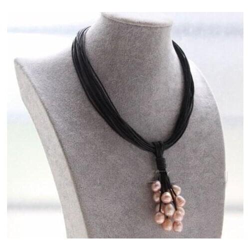 Elegant Handmade Real Pearl Jewelry 15 Strands Black Leather Pink Purple Pearls Choker Necklace 16'' Magnet Clasp