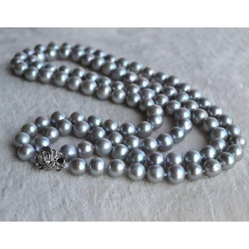 100% Real Pearl Necklace,Gray Color 2Rows 17-18 inches 7.5-8mm Round Shape Freshwater Pearl Necklace Ladys Pearl Jewelry