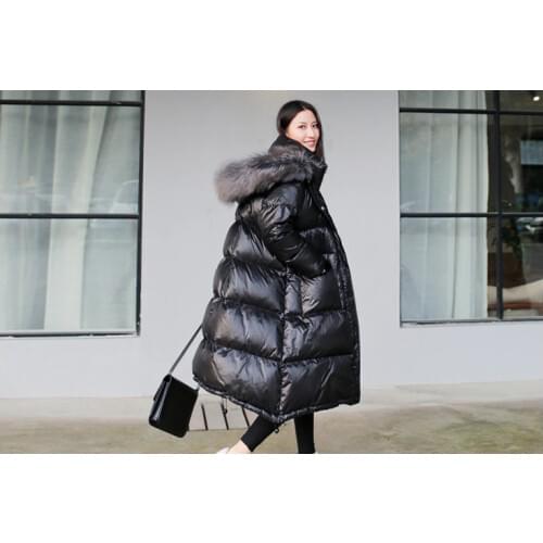 Womens winter black loose faux fur collar coat fashion casual hat long style waterproof padded windproof down jacket women