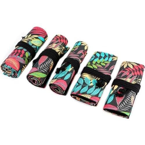 Tree Leaf 12/24/36/48/72 Holes Canvas Roll Pen Curtain Pencil Bag Case Makeup