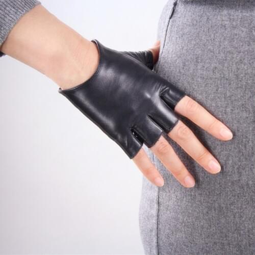 Real Leather Pure Goatskin Black Half Finger Fingerless Ultra Short Gloves Driving Locomotive Touch Function Female WZP18