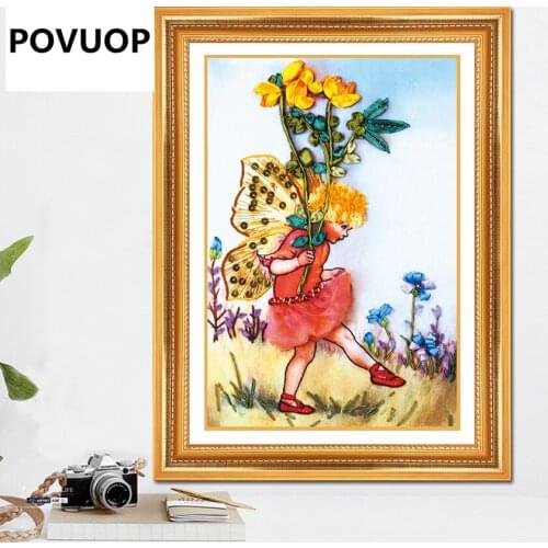 POVUOP New arrival 43X32CM fashion oil painting ribbon embroidery cartoon paintings