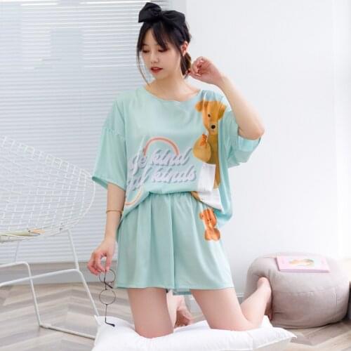 Satin Casual Pajamas Women 2 Piece Silky Sleepwear Short Pullover Top Shorts Homewear Sets O-Neck Elastic Waist Kawaii Nightwear