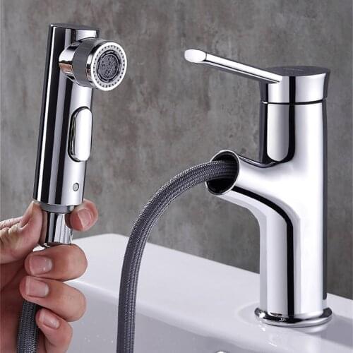 3 Modes Silver Basin Mixer Faucet Copper Lifting Pull Out Bathroom Faucets Single Handle Hot Cold Water Home Sink Washbasin Tap
