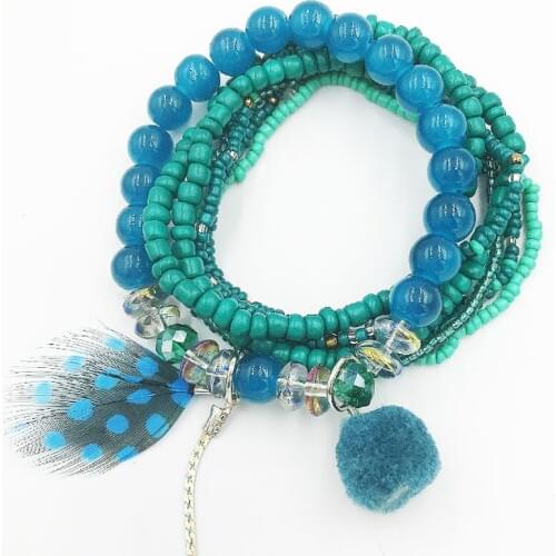 Hanging Designer Fashion Multilayer Beads Feather Leave Tassel Bracelets & Bangles Pom pom Jewelry for Women Gift