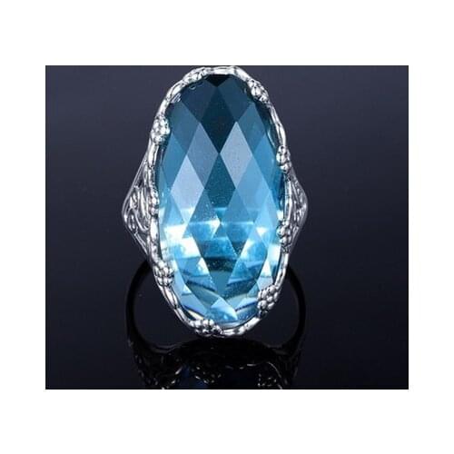 Luxury Big Ocean Blue CZ Crystal Rings For Female Prong Setting Crystal Engagement Ring Jewelry Wholesale Bijoux Accessories