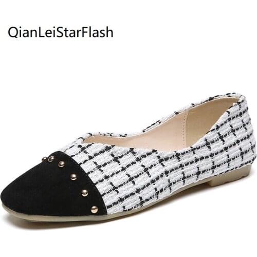 Women Flats 2021 Autumn New Plaid fabric Slip on Flat Shoes Patchwork Ballet Flats Rivet Ladies Shoes Shallow Single Shoes