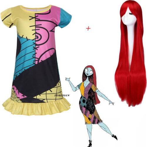 The Nightmare Before Christmas Sally Cosplay Costume Girls Halloween Party Sally Printed Dress Cartoon Nightgown WIG ALL SET KID