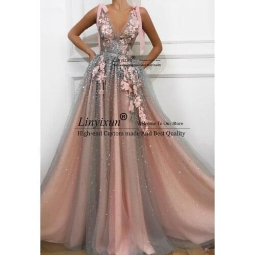 Pink Crystals Prom Dresses 2021 V-Neck Tulle Lace Flowers Beaded vestidos de gala Long Prom Gown Evening Party Robe De Soiree