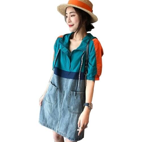 2021 New Summer Denim Dress women Fashion hooded short sleeve Patchwork Loose Dresses vestidos Fake two Women Clothing NZ015