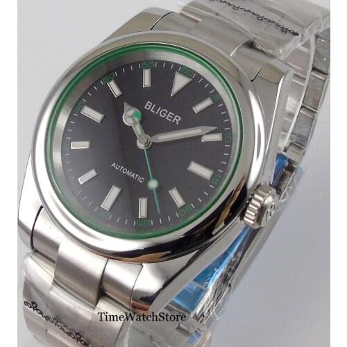 39mm Polished Mens Watch Genuine NH35 Automatic Movement Black Dial Green Sapphire Glass Lume Screw In Crown Oyster Bracelet