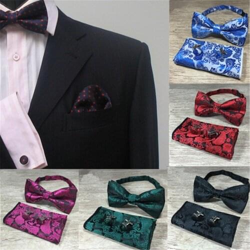 For Men Paisley Floral Woven Silk Wedding Self Bow Tie handkerchief Set and Cufflink