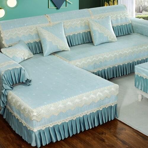 European Luxury Ice Silk Sofa Cover Green Summer Cool Mat Exquisite Embroidery Lace Sofa Towel Cushion Pillow Case Sofa Set N3