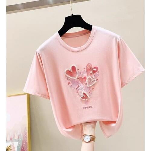 Cotton Beaded Sequined Short-sleeved T-shirt Women 2021 Summer New Style Korean Love Heart Printing Loose Top for Women