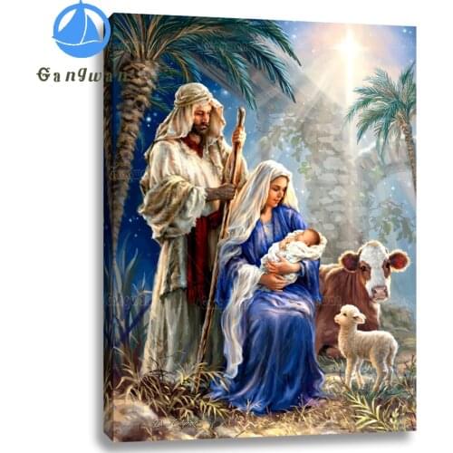 Jesus Shepherd Figure 5d Diamond Painting Cross Stitch Christian God Loves World Full Diamond Embroidery baby virgin cow sheep