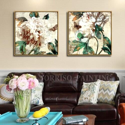 Canvas Painting with Frame White Peony Flowers Prints for Living Room Wall Art Pictures Home Decoration Artwork