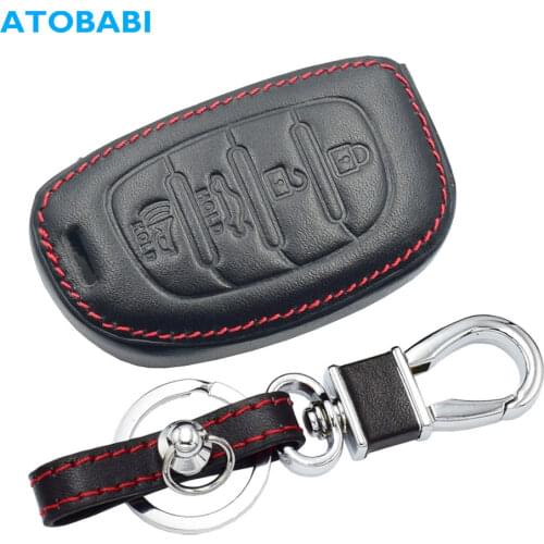 Leather Car Key Cases For Hyundai Elantra Sonata Tuscon 4 Buttons Smart Remote Control Fob Cover Keychain Holder with Key Ring