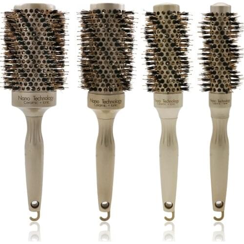 Novel Design Gold Color Ceramic Boar Bristle Hair Round Brush With Long Handle Professional Salon Hair Styling Comb