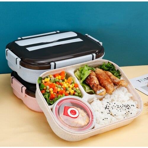 1000ml Wheat Straw Lunch Box With Stainless Steel Soup Bowl 4 Partition Bento Box Microwave Food Storage Container BPA Free