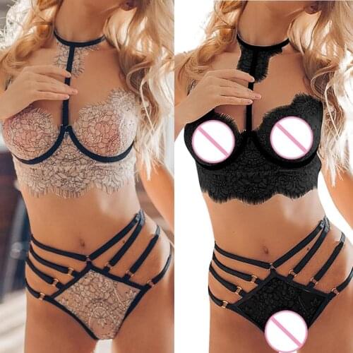 Lolita Lingerie Set Sexy Underwear Erotic Lenceria Women Cross Bondage Exotic Sleepwear Bra Lace Panties Set Plus Size Lingere
