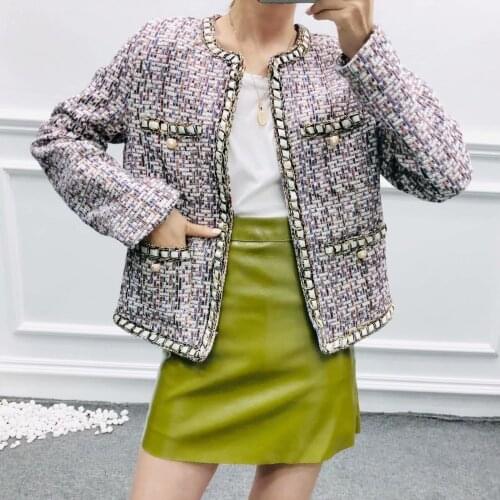 Fashion European and American style high-end womens spring and autumn new retro color tweed plaid small fragrance wind jacket