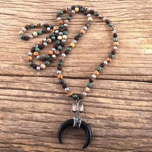 RH Fashion Bohemian Jewelry Natural Stones Crystal Knotted Ox Horn Moon Necklace Women Boho Necklaces Girls Dropshipping