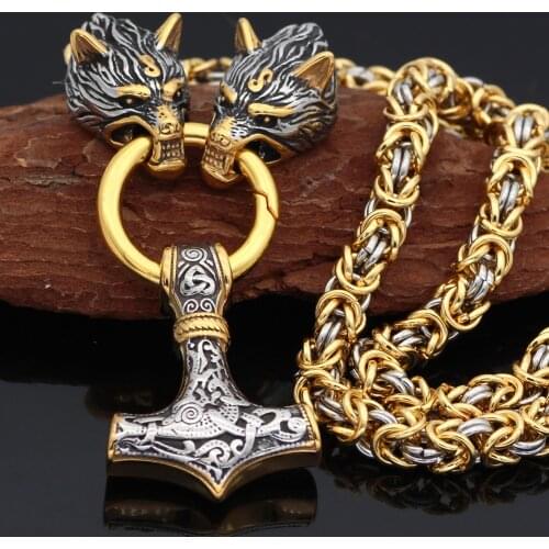 Men stainless steel Wolf head norse viking amulet thor hammer pendant necklace viking king chain